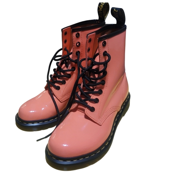 DR. MARTENS 1460 Women's Patent Leather Lace Up Boots in the color Coral - Picture 2 of 7